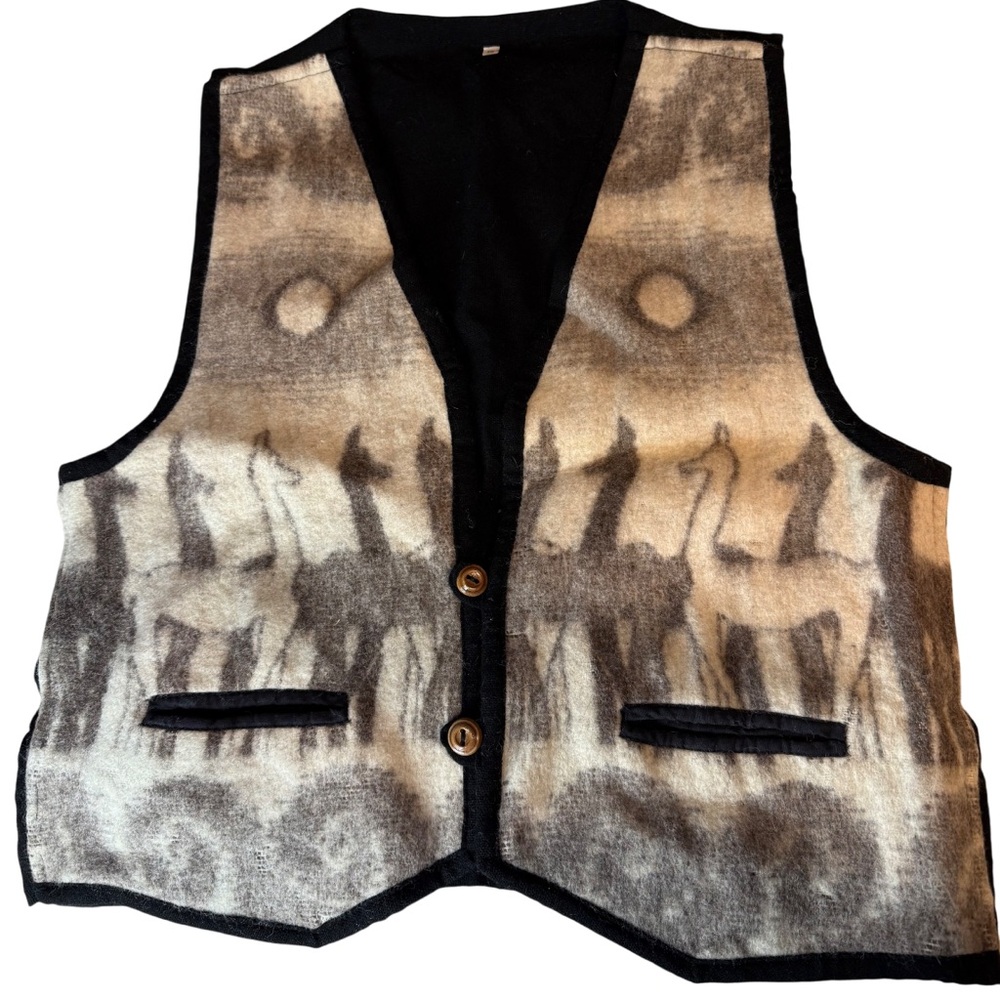 Artistic Black and Cream Vest with Alpacas. Size XXL